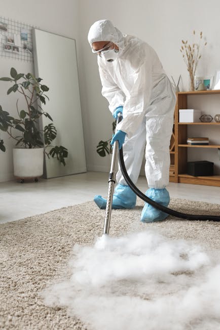 A professional in a full white protective suit, face mask, and blue gloves is conducting deep cleaning or sanitisation on a beige plush carpet in a modern, well-lit living room. The worker is using a vacuum or steaming device, producing a cloud of steam or cleaning solution. The room features a light-colored wooden shelf with decorative items, a large mirror, and indoor potted plants on the left. The floor is a smooth, white surface adjacent to the carpet, and there is natural light flowing into the space, highlighting the clean and well-maintained condition of the area. This scene exemplifies thorough surface cleaning and sanitisation services provided by Maida Vale Carpet Cleaning in W9, ensuring hygienic, spotless flooring in residential settings.